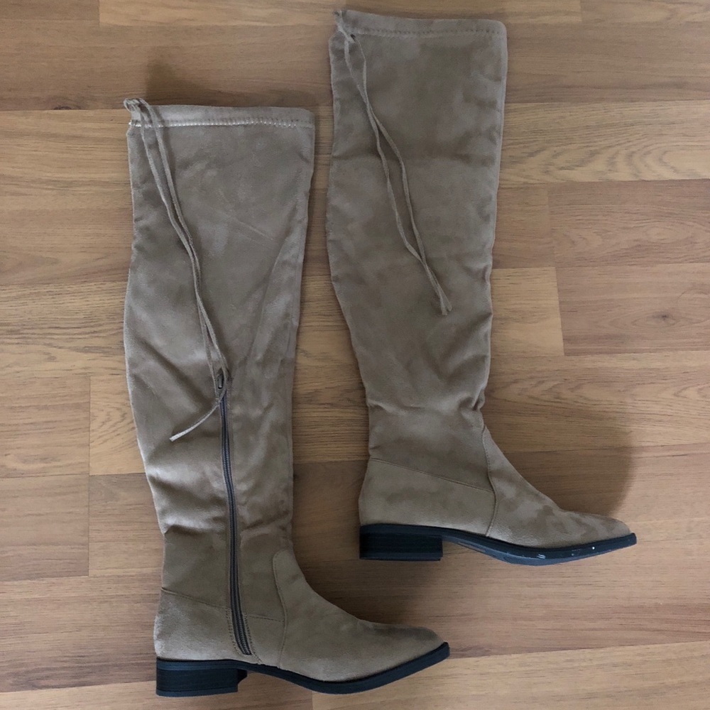 Tan Tie Back Faux Suede Knee High Boots - Size 8